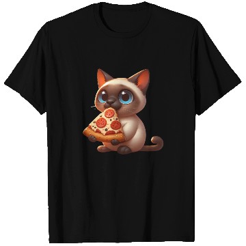 Discover Siamese cat enjoying pizza T Shirts