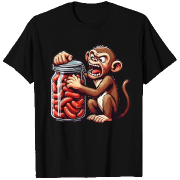Discover Frustrated monkey with sausage jar T Shirts