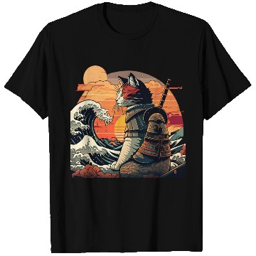 Discover Samurai Cat vs The Great Wave T Shirts