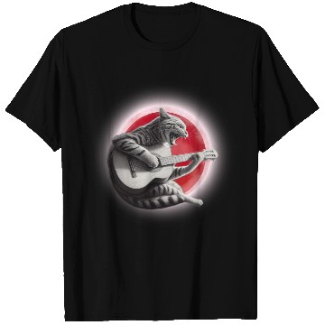 Discover Rock Cat Playing Guitar T Shirts under the red moon