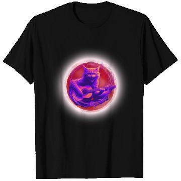 Discover Rock Cat Playing Guitar T Shirts under the red moon