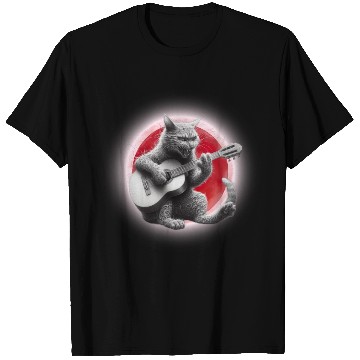 Discover Rock Cat Playing Guitar T Shirts under the red moon