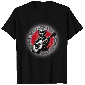 Discover Rock Cat Playing Guitar T Shirts under the red moon