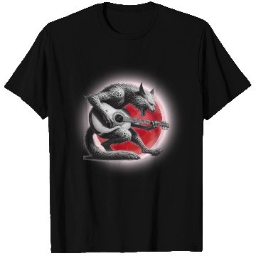 Discover Rock Cat Playing Guitar T Shirts under the red moon