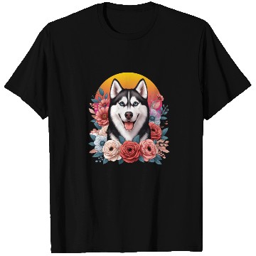 Discover Husky dog with floral backdrop T Shirts