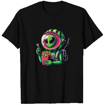 Discover Alien with watermelon helmet eats fries T Shirts