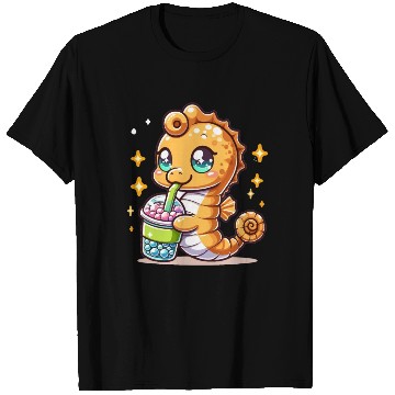 Discover Kawaii Sea Horse Enjoys Bubble Tea Sea Animal Boba T Shirts