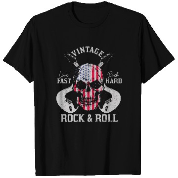 Discover Rock & Roll Guitar Skull USA Flag Gift T Shirts