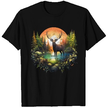 Discover Reindeer between trees river and nature T Shirts