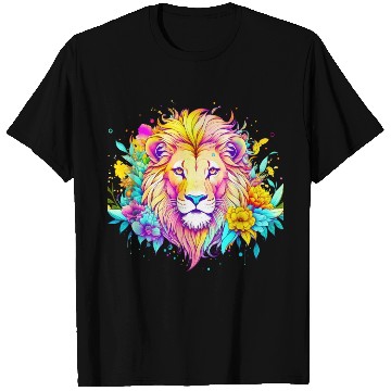 Discover Colorful lion surrounded by flowers T Shirts