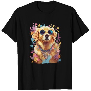 Discover Cool Golden Retriever with Sunglasses and Flowers T Shirts