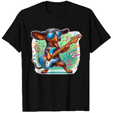 Discover Cute Dachshund playing E-Guitar T Shirts