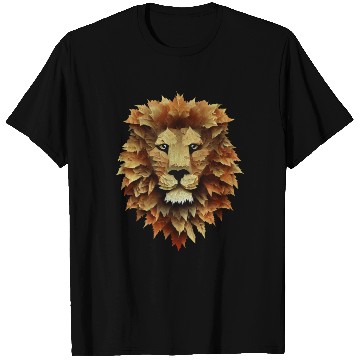 Discover Autumn Majesty: Lion Surrounded by Falling Leaves T Shirts
