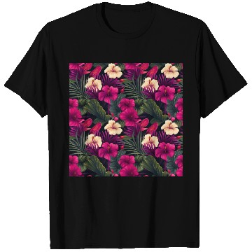 Discover Tropical Pink Flowers Leaves Pattern T Shirts