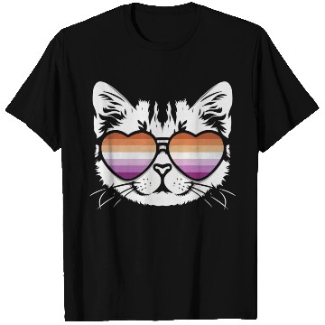 Discover Funny Lesbian Cat with Lesbian Flag Glasses T Shirts