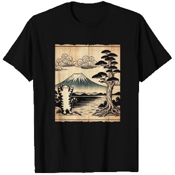 Discover Mt. Fuji Kitten Papyrus Scroll Retro Japanese Art T Shirts