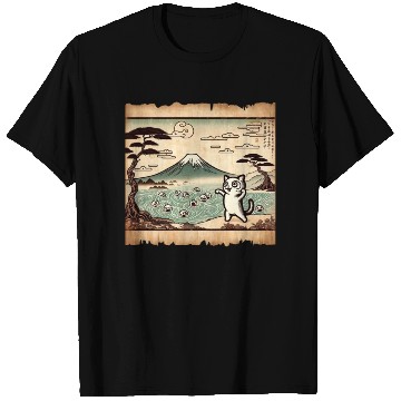Discover Mt. Fuji Kitten Papyrus Scroll Retro Japanese Art T Shirts