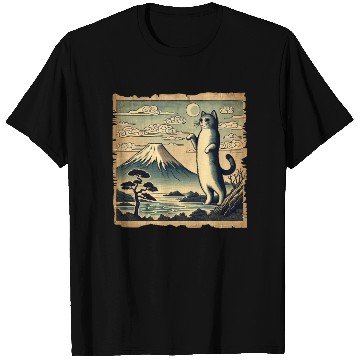 Discover Mt. Fuji Kitten Papyrus Scroll Retro Japanese Art T Shirts