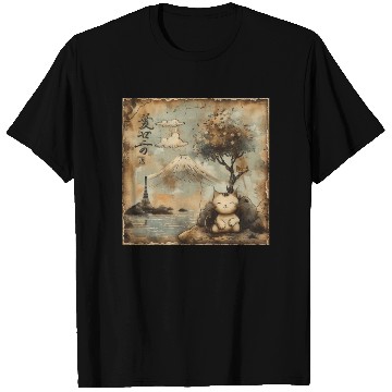 Discover Mt. Fuji Kitten Papyrus Scroll Retro Japanese Art T Shirts