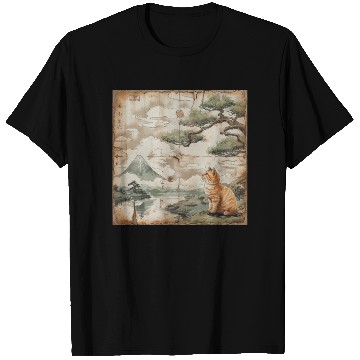 Discover Mt. Fuji Kitten Papyrus Scroll Retro Japanese Art T Shirts