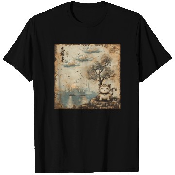 Discover Mt. Fuji Kitten Papyrus Scroll Retro Japanese Art T Shirts