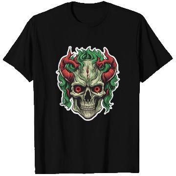 Discover Infernal Emerald: Red-Horned Skull T Shirts
