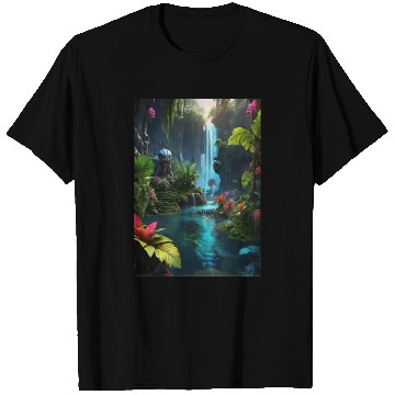 Discover alien jungle with a lagoon and waterfall T Shirts