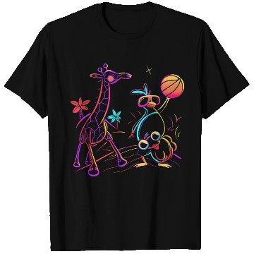 Discover Neon Showdown: Giraffe & Bird's Basketball Duel T Shirts