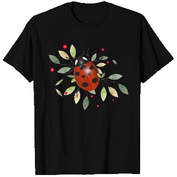 Discover red glowing ladybug with green leaves T Shirts