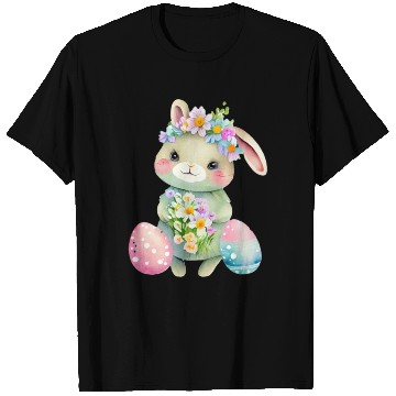 Discover Cute Easter Bunny with Flowers. Watercolor T Shirts