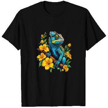 Discover Chameleon on a Branch Surrounded by Flowers T Shirts