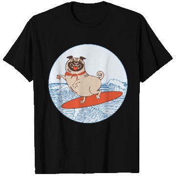 Discover Waves riding pug puppy on surfboard T Shirts