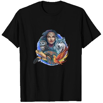 Discover Wildlife Tribal Wolf Owl Turtle Woman for a T Shirts