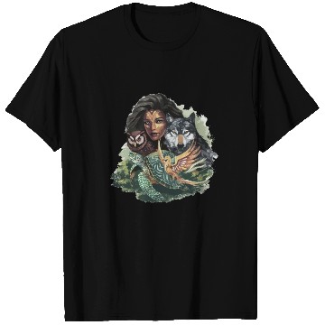 Discover Wildlife Tribal Wolf Owl Turtle Woman for a T Shirts