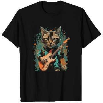 Discover Cat playing a guitar T Shirts