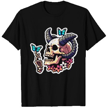 Discover Pixel Art Horned Skull enjoy the butterflies T Shirts