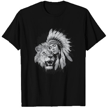 Discover Native American woman and a majestic lion T Shirts