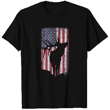 Discover Elk Hunting Bugling Bull US Flag American T Shirts