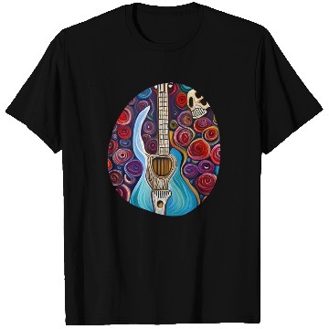 Discover Blue Electric Guitar, Skull and Roses T Shirts