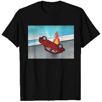 Discover Car overturned and smashed on fire on the road T Shirts