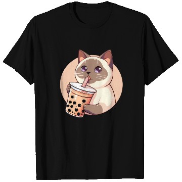 Discover Siamese cat having bubble tea T Shirts