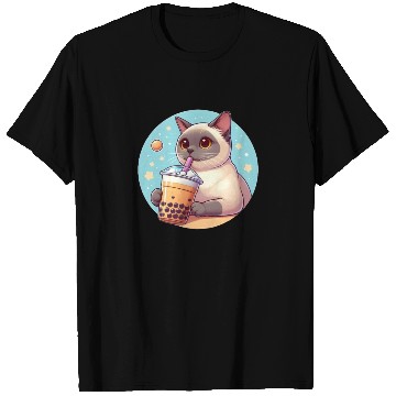 Discover Siamese cat having bubble tea T Shirts