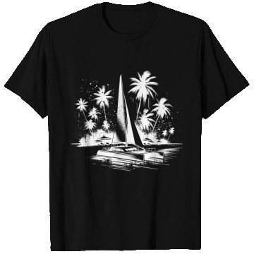 Discover Catamaran Sailing Boat With Palm Trees T Shirts