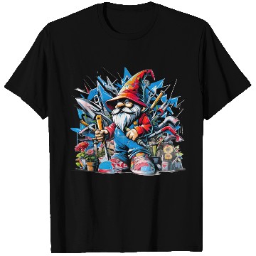 Discover Colorful, lively garden gnome surrounded by tools T Shirts