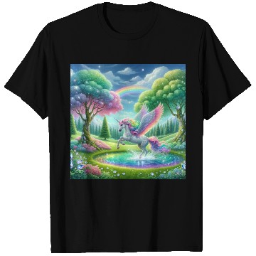 Discover Enchanted Rainbow Unicorn Over Sparkling Pond T Shirts