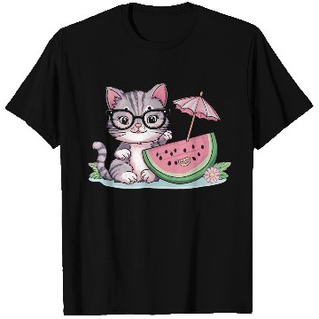 Discover cute kitten an watermelon slice vector illustratio T Shirts