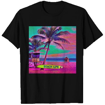 Discover Neon Beach Life Scene 90's Vibes - Surfboard, Sand T Shirts