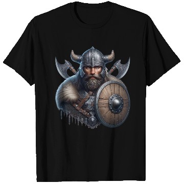 Discover Fierce Viking Warrior with Shield and Axes T Shirts