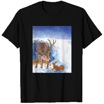 Discover Red Deer and Squirrel in Winter Illustration T Shirts