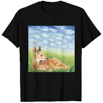 Discover Cute Little Fawn in the Grass Illustration T Shirts